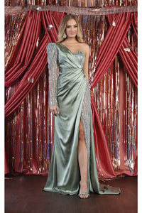 LA Merchandise LA7980 One Shoulder Embellished Satin Formal Prom Gown - SAGE - Dress LA Merchandise