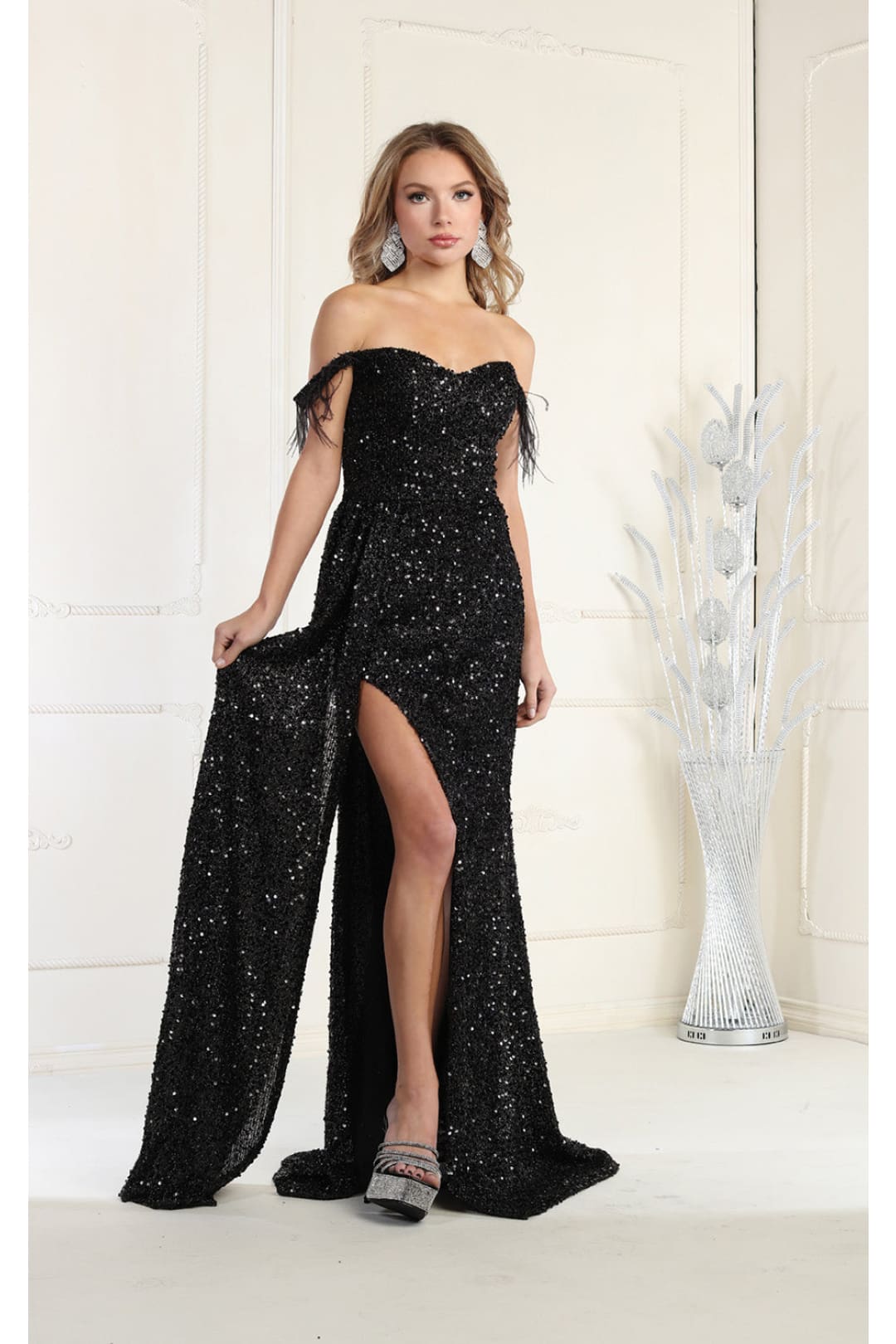 LA Merchandise LA7988 Off Shoulder Sequin Formal Evening Dress - BLACK - Dress LA Merchandise