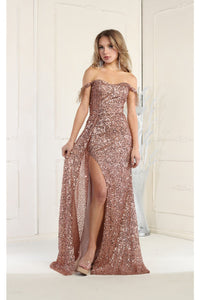 LA Merchandise LA7988 Off Shoulder Sequin Formal Evening Dress - MOCHA - Dress LA Merchandise