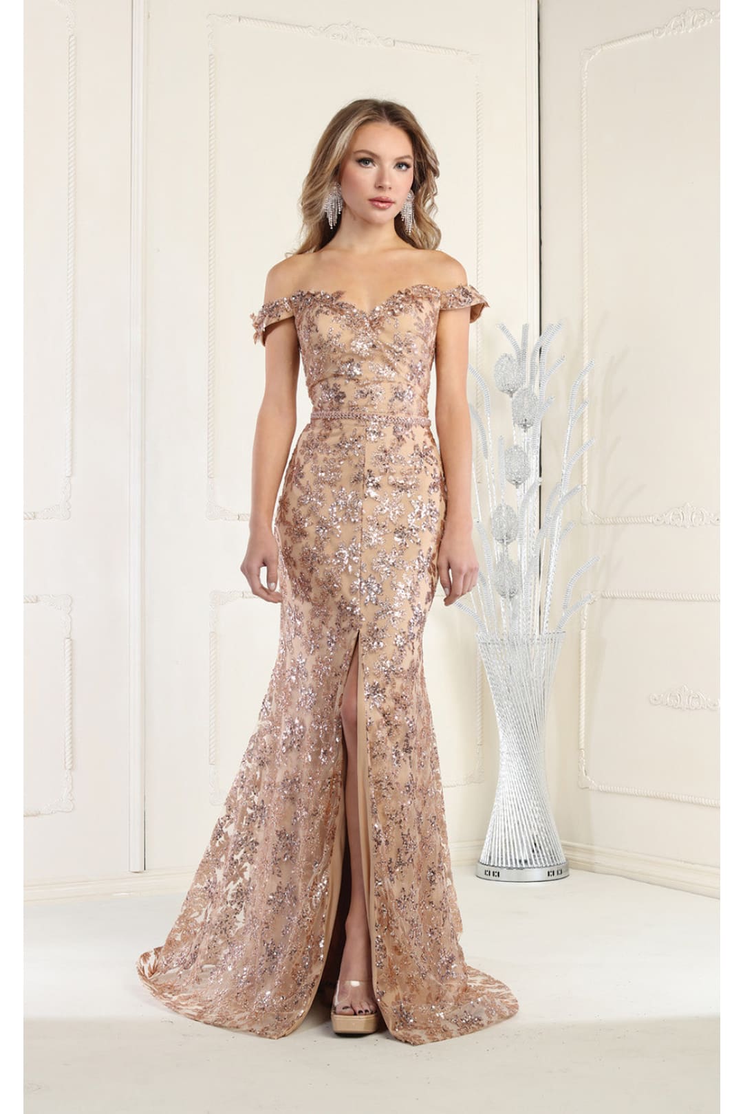 LA Merchandise LA7995 Off Shoulder Rose Gold Pageant Evening Dress - ROSE GOLD - Dress LA Merchandise