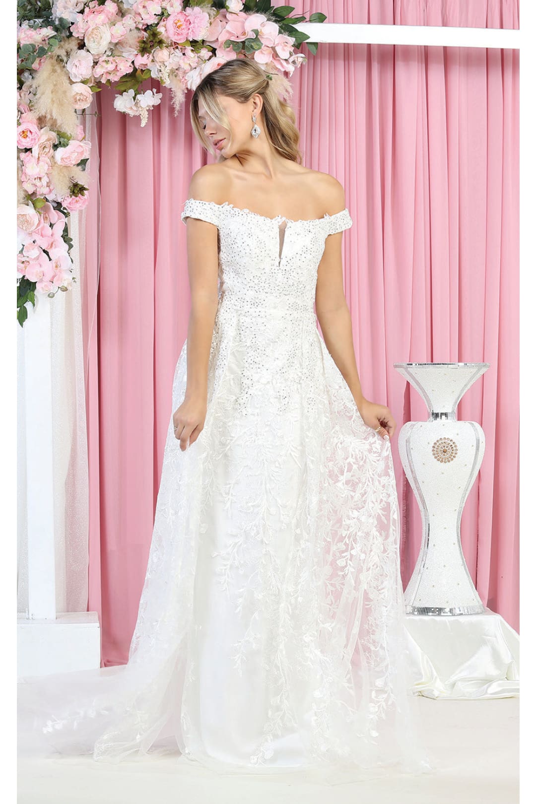 LA Merchandise LA8000B Off Shoulder Bridal Sheath Dress Ivory - IVORY - Dress LA Merchandise