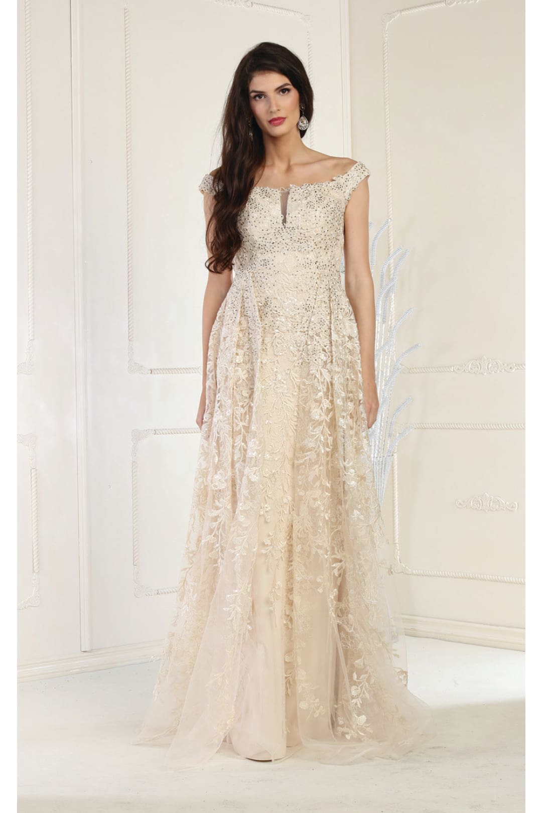LA Merchandise LA8000 Embroidered Off Shoulder Sheath Pageant Dress - CHAMPAGNE - Dress LA Merchandise