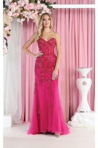 LA Merchandise LA8013 Strapless Embellished Corset Formal Prom Gown - FUCHSIA - Dress LA Merchandise