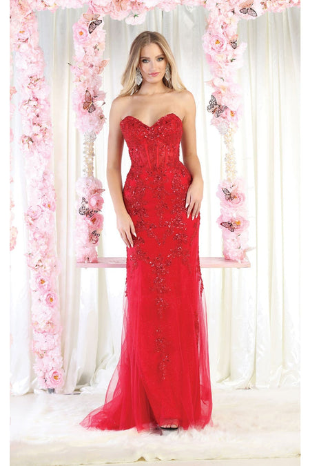 LA Merchandise LA8013 Strapless Embellished Corset Formal Prom Gown - RED - Dress LA Merchandise