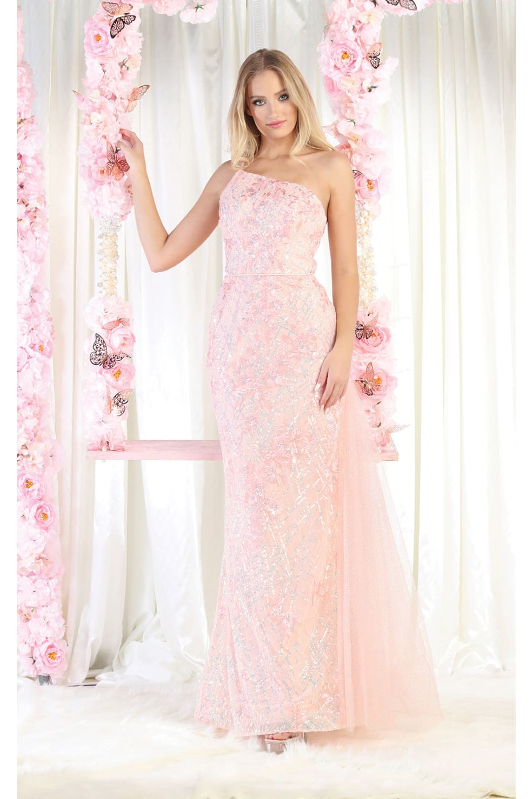 LA Merchandise LA8014 One Shoulder Corset Mermaid Sleeveless Prom Gown - BLUSH - Dress LA Merchandise