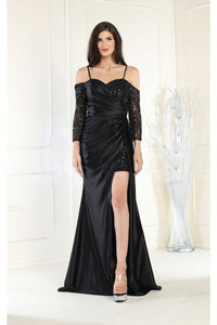 LA Merchandise LA8016 Cold Shoulder Ruched Embellished Formal Gown - BLACK - Dress LA Merchandise
