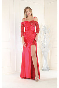 LA Merchandise LA8016 Cold Shoulder Ruched Embellished Formal Gown - RED - Dress LA Merchandise