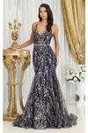 Load image into Gallery viewer, LA Merchandise LA8017 Sleeveless V-neck Glitter Mermaid Prom Gown - NAVY GOLD - Dress LA Merchandise