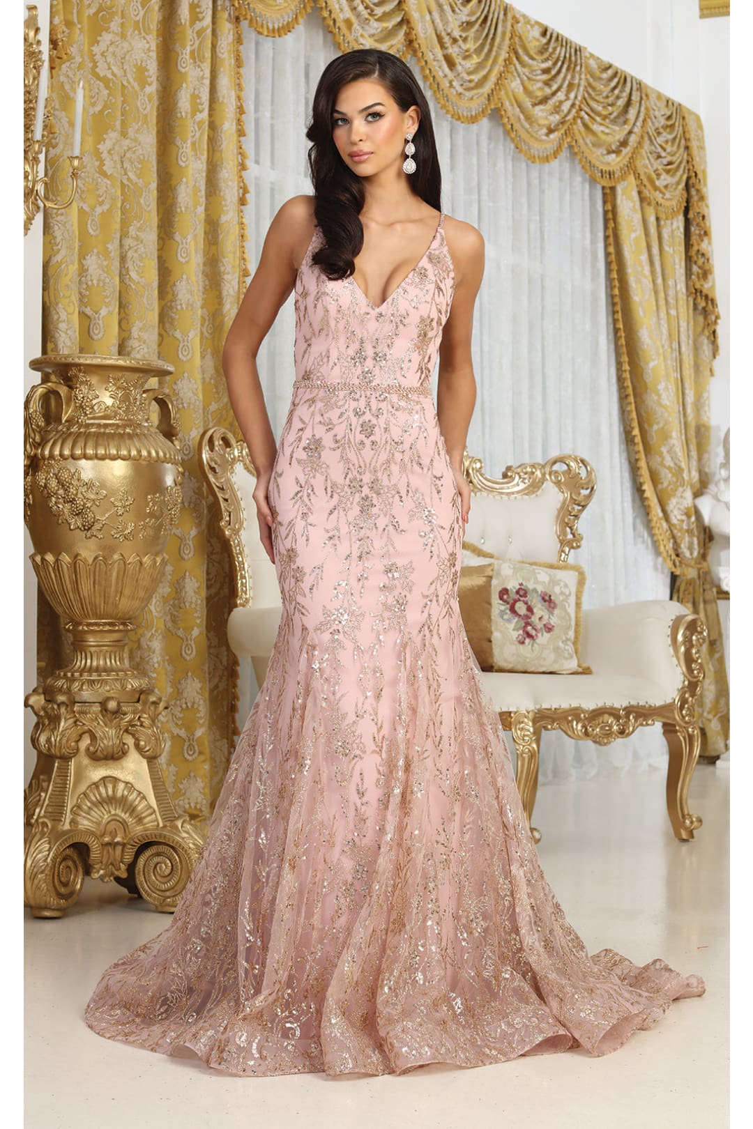 LA Merchandise LA8017 Sleeveless V-neck Glitter Mermaid Prom Gown - BLUSH GOLD - Dress LA Merchandise