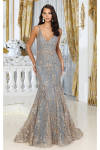 LA Merchandise LA8017 Sleeveless V-neck Glitter Mermaid Prom Gown - CHARCOAL GOL - Dress LA Merchandise