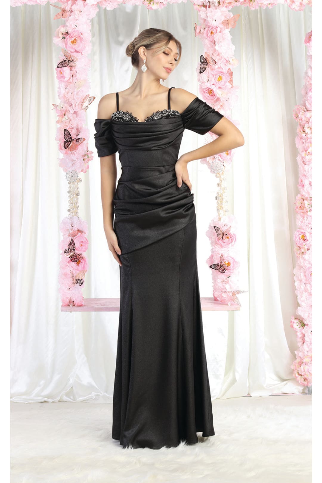 LA Merchandise LA8021 Formal Cold Shoulder Long Sheath Dress - BLACK - Dress LA Merchandise