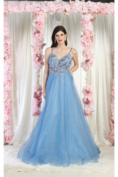 LA Merchandise LA8024 3D Floral Applique Prom A-Line Dress - DUSTY BLUE - Dress LA Merchandise