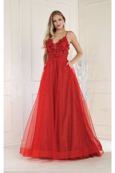 LA Merchandise LA8024 3D Floral Applique Prom A-Line Dress - RED - Dress LA Merchandise