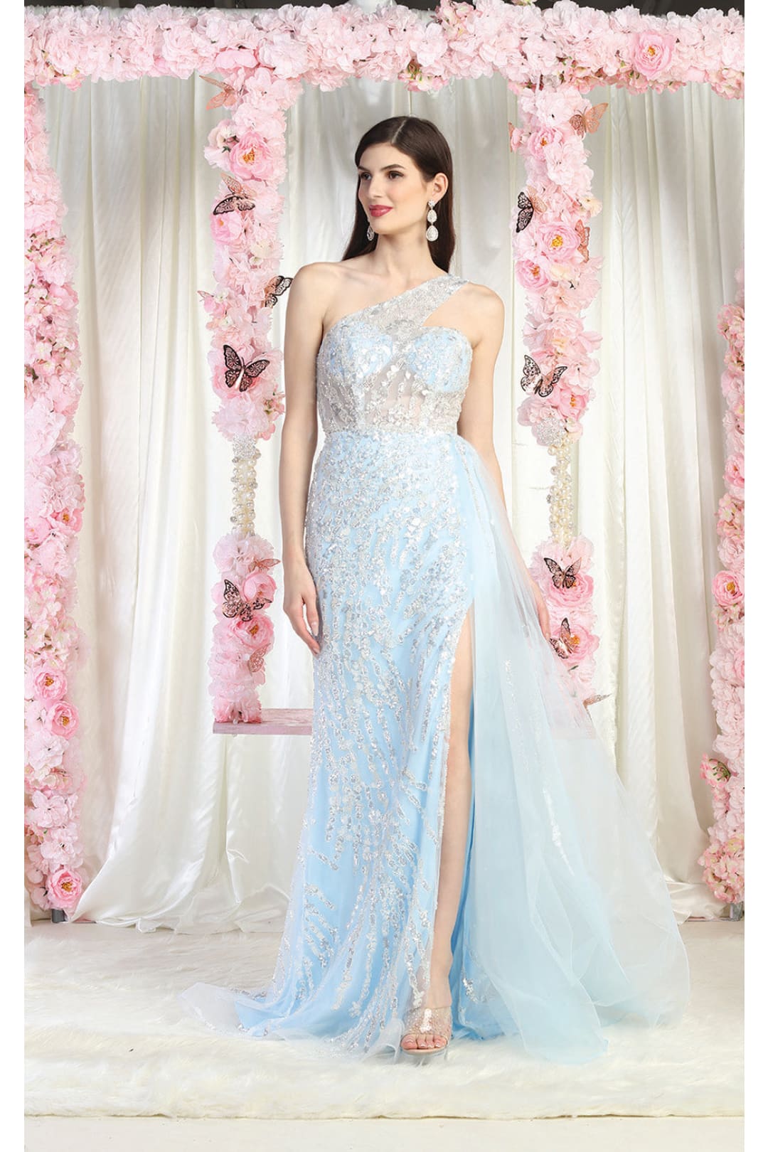 LA Merchandise LA8026 Side Cape Asymmetrical Evening Dress - BABY BLUE - Dress LA Merchandise