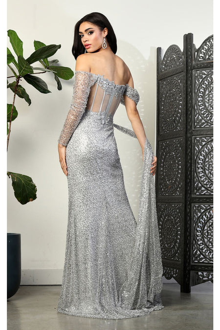 LA Merchandise LA8050 Sheer Bodice Side Sash Sequin Prom Dress - - Dress LA Merchandise