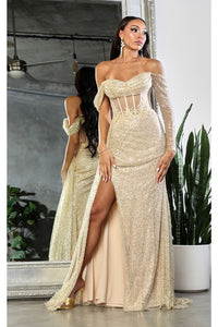LA Merchandise LA8050 Sheer Bodice Side Sash Sequin Prom Dress - GOLD - Dress LA Merchandise