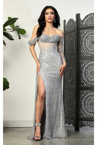 LA Merchandise LA8050 Sheer Bodice Side Sash Sequin Prom Dress - SILVER - Dress LA Merchandise