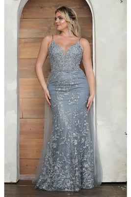 LA Merchandise LA8051 Spaghetti Straps Plunging V-neck Evening Gown - DUSTY BLUE - Dress LA Merchandise