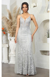 LA Merchandise LA8051 Spaghetti Straps Plunging V-neck Evening Gown - SILVER - Dress LA Merchandise