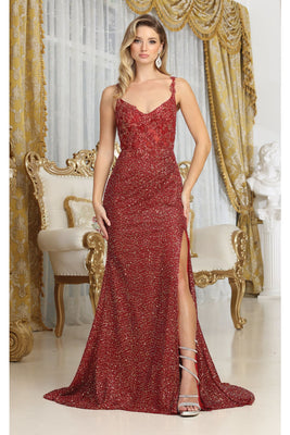 LA Merchandise LA8067 V-neck Sweep Train Corset Back Red Carpet Gown - BURGUNDY - Dress LA Merchandise