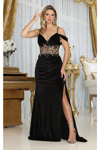 LA Merchandise LA8087 High Side Slit Velvet Gala Formal Gown - BLACK - Dress LA Merchandise