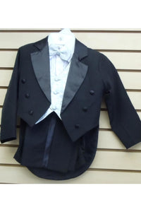 LA Merchandise LA8214 5 piece boys tuxedo with tail & color vest & bow - Black Silver - Boys suits LA Merchandise