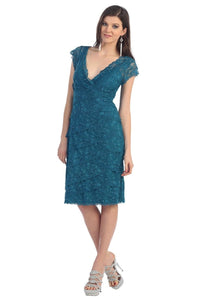 LA Merchandise LA974 Lace Stretch Short Sleeve Mother of Bride Dress - Teal-Blue - LA Merchandise