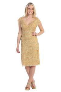 LA Merchandise LA974 Lace Stretch Short Sleeve Mother of Bride Dress - Gold - LA Merchandise