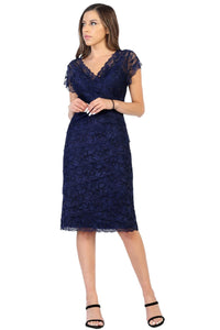LA Merchandise LA974 Lace Stretch Short Sleeve Mother of Bride Dress - Navy - LA Merchandise
