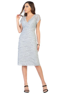 LA Merchandise LA974 Lace Stretch Short Sleeve Mother of Bride Dress - Silver - LA Merchandise