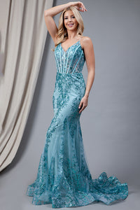 LA Merchandise LAABZ015 Wholesale Detailed Glitter Long Prom Dresses - AQUA - LA Merchandise