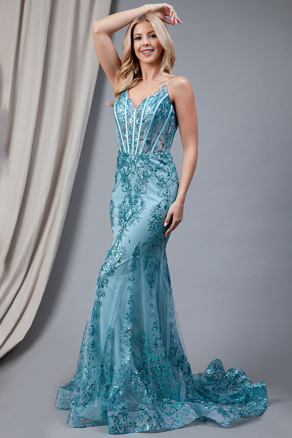 LA Merchandise LAABZ015 Wholesale Detailed Glitter Long Prom Dresses - AQUA - LA Merchandise