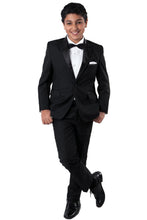 Load image into Gallery viewer, LA Merchandise LABT187SA 4 Piece Classy Boys Tuxedo Suit - BLACK WITH BLACK TRIM - Boys suits LA Merchandise