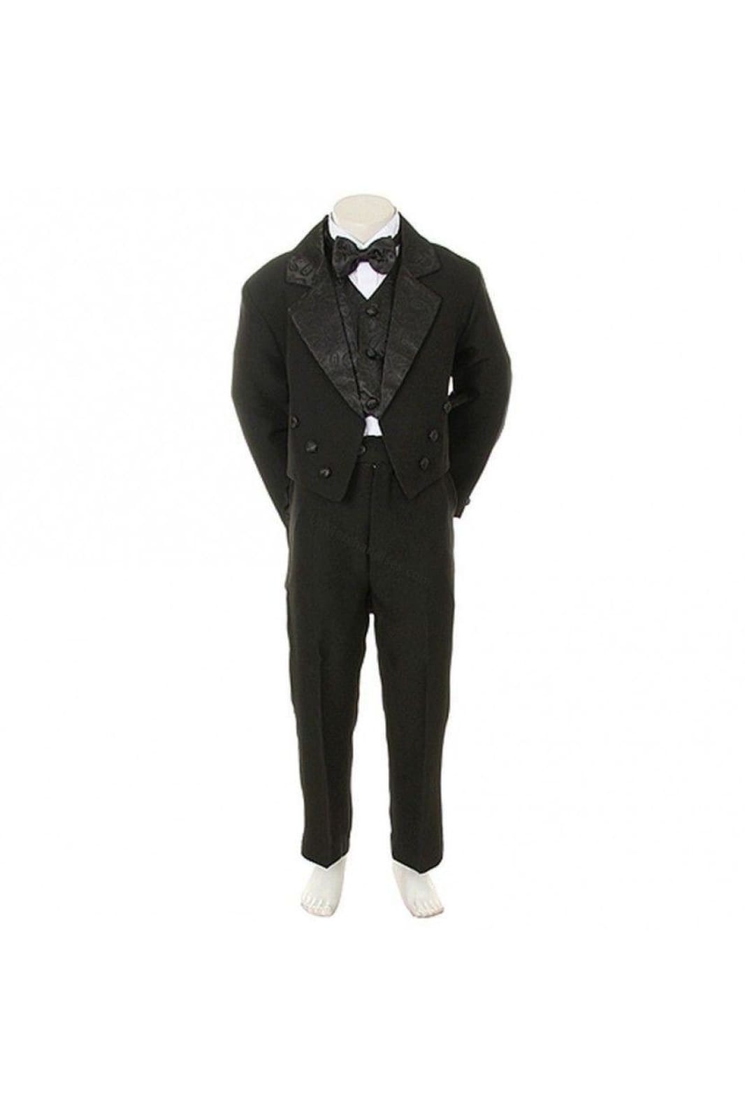 LA Merchandise LADTX100 5 pc Boys Tail Tuxedo With Jacquard Bowtie & Vest - BLACK - Boys suits LA Merchandise