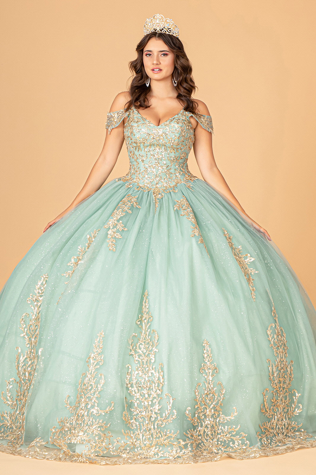 LA Merchandise LAS3100 Gold Embroidered Mesh Quinceanera Dress - SAGE - Dress LA Merchandise