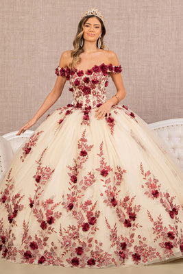 LA Merchandise LAS3105 3D Floral Applique Quince Dress - BURGUNDY NUDE - Dress LA Merchandise