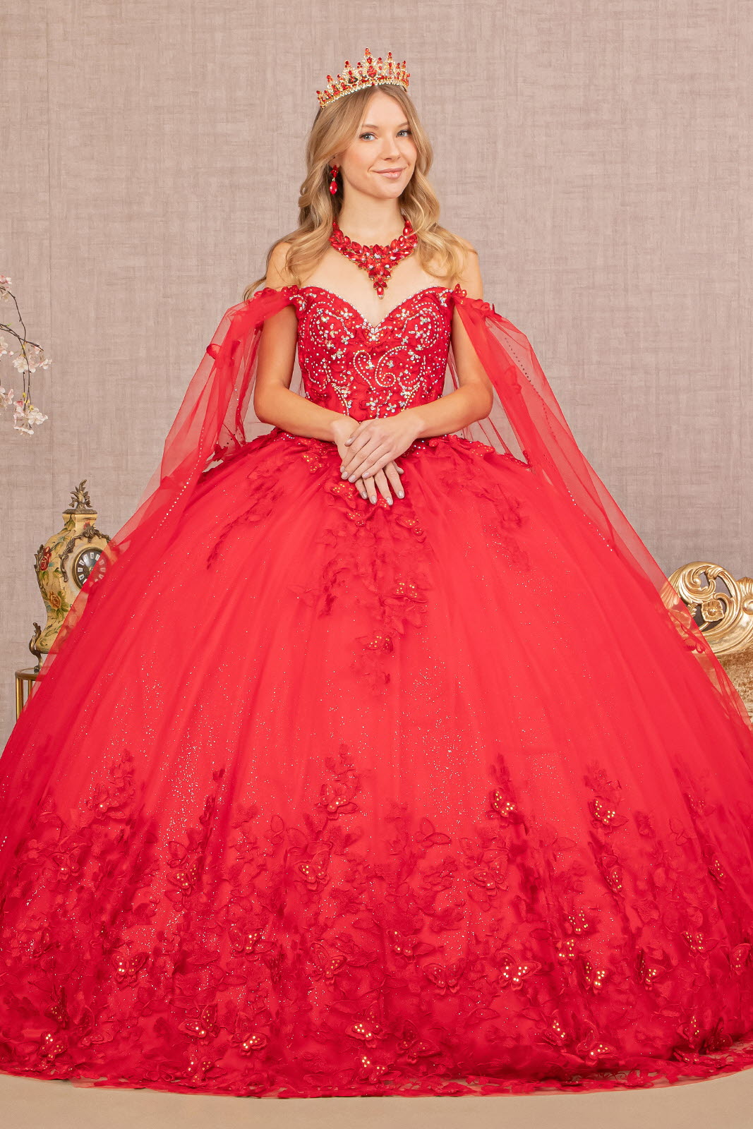 LA Merchandise LAS3110 3D Butterfly Applique Glitter Quinceanera Gown - RED - Dress LA Merchandise