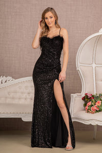 LA Merchandise LAS3113 Sleeveless Sweetheart Feather Sequin Formal Gown - BLACK - Dress LA Merchandise