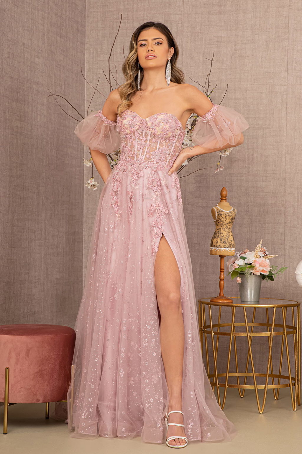 LA Merchandise LAS3126 A-line Embroidered Gown - DUSTY ROSE - Dress LA Merchandise