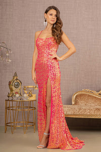 LA Merchandise LAS3127 Corset High Slit Sequin Evening Gown - FUCHSIA - Dress LA Merchandise