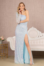Load image into Gallery viewer, LA Merchandise LAS3128 One Shoulder Asymmetric Feather Sequin Formal Dress - BABY BLUE - Dress LA Merchandise