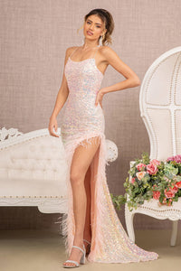 LA Merchandise LAS3131 High Slit Feather Prom Gown - BLUSH - Dress LA Merchandise