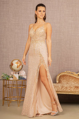 LA Merchandise LAS3151 V-neck Sheer Bodice Mermaid Dress - CHAMPAGNE - Dress LA Merchandise