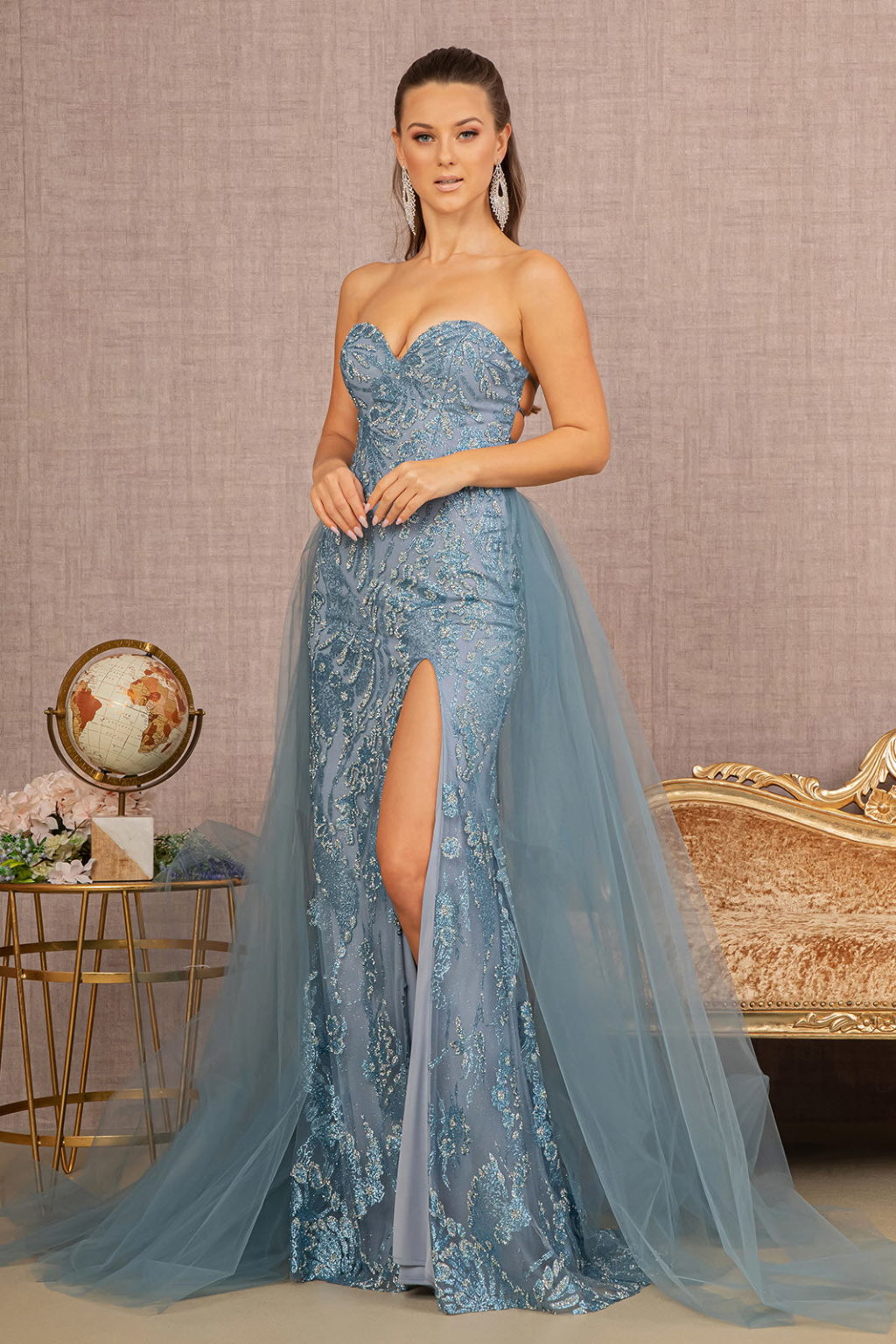 LA Merchandise LAS3156 Glitter Mermaid Dress w/ Detachable Mesh Train - SMOKY BLUE - Dress LA Merchandise