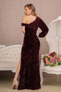 LA Merchandise LAS3159 Bishop Sleeve One Shoulder Sequin Formal Gown - - Dress LA Merchandise