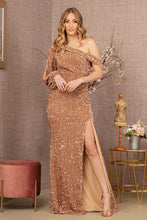 Load image into Gallery viewer, LA Merchandise LAS3159 Bishop Sleeve One Shoulder Sequin Formal Gown - GOLD - Dress LA Merchandise