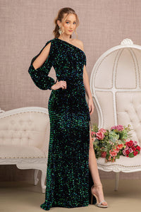 LA Merchandise LAS3159 Bishop Sleeve One Shoulder Sequin Formal Gown - GREEN - Dress LA Merchandise