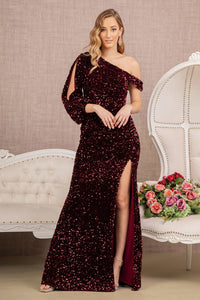LA Merchandise LAS3159 Bishop Sleeve One Shoulder Sequin Formal Gown - WINE - Dress LA Merchandise