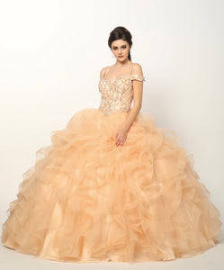 LA Merchandise LAT1421 Beaded Ruffled Ball Gown Sweet 16 Quince Dress - CHAMPAGNE GOLD - LA Merchandise