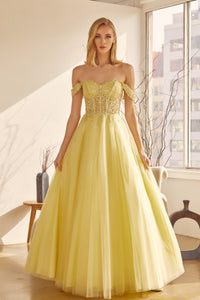 LA Merchandise LAT280 Off Shoulder Pageant Long Formal Evening Gown - YELLOW - LA Merchandise